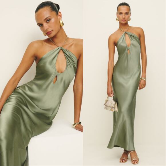 Reformation Yesenia Chain Halter Silk Formal Maxi Dress Artichoke Green - Picture 1 of 6